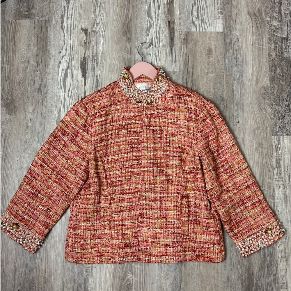 Chico’s Embellished Collar Cuff Tweed Jacket Multicolor Plaid Women’s Size Large